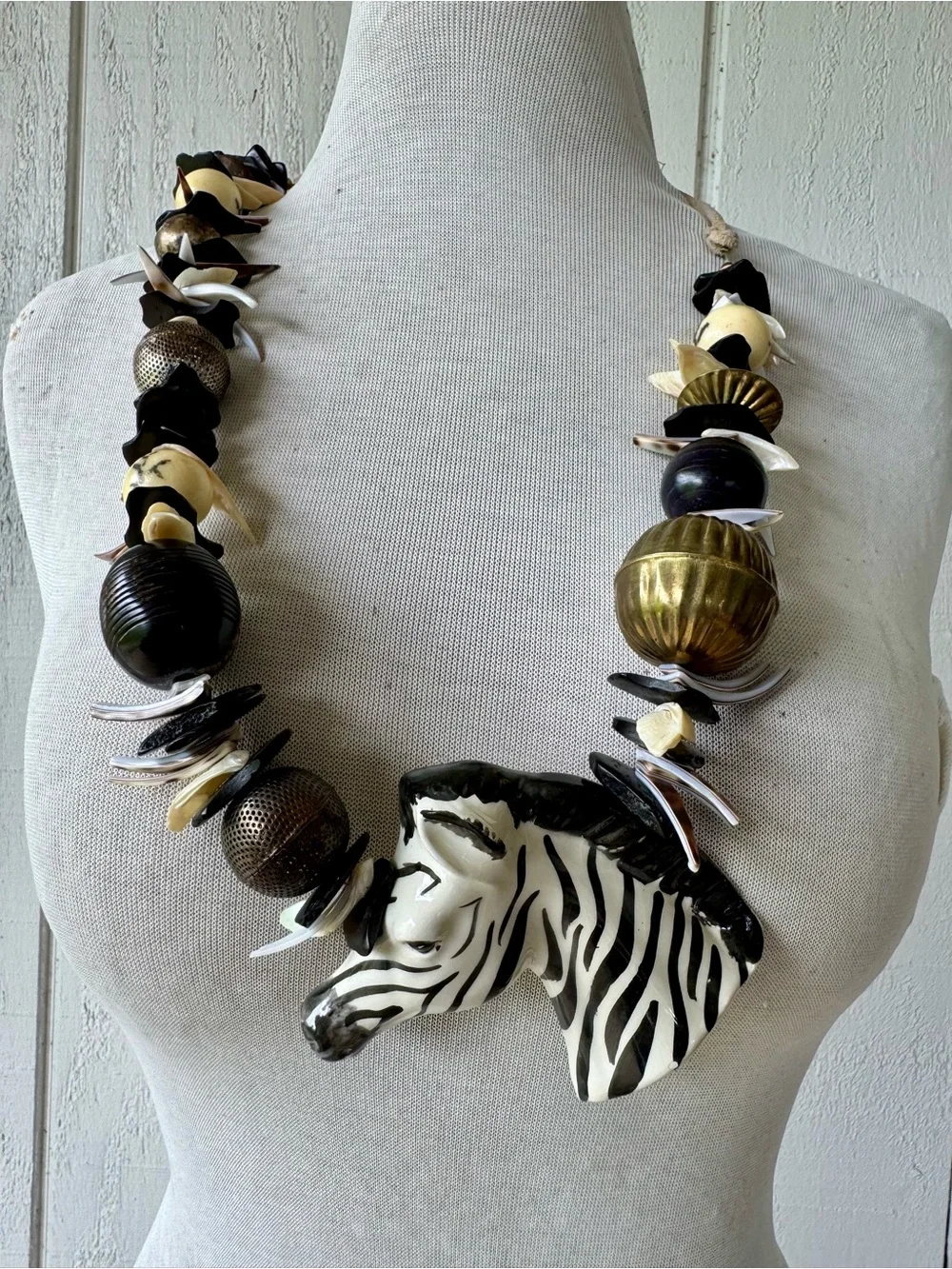 Vtg 80s Ceramic Zebra Beaded Statement Belt Or Necklace Art To Wear Tribal Suede